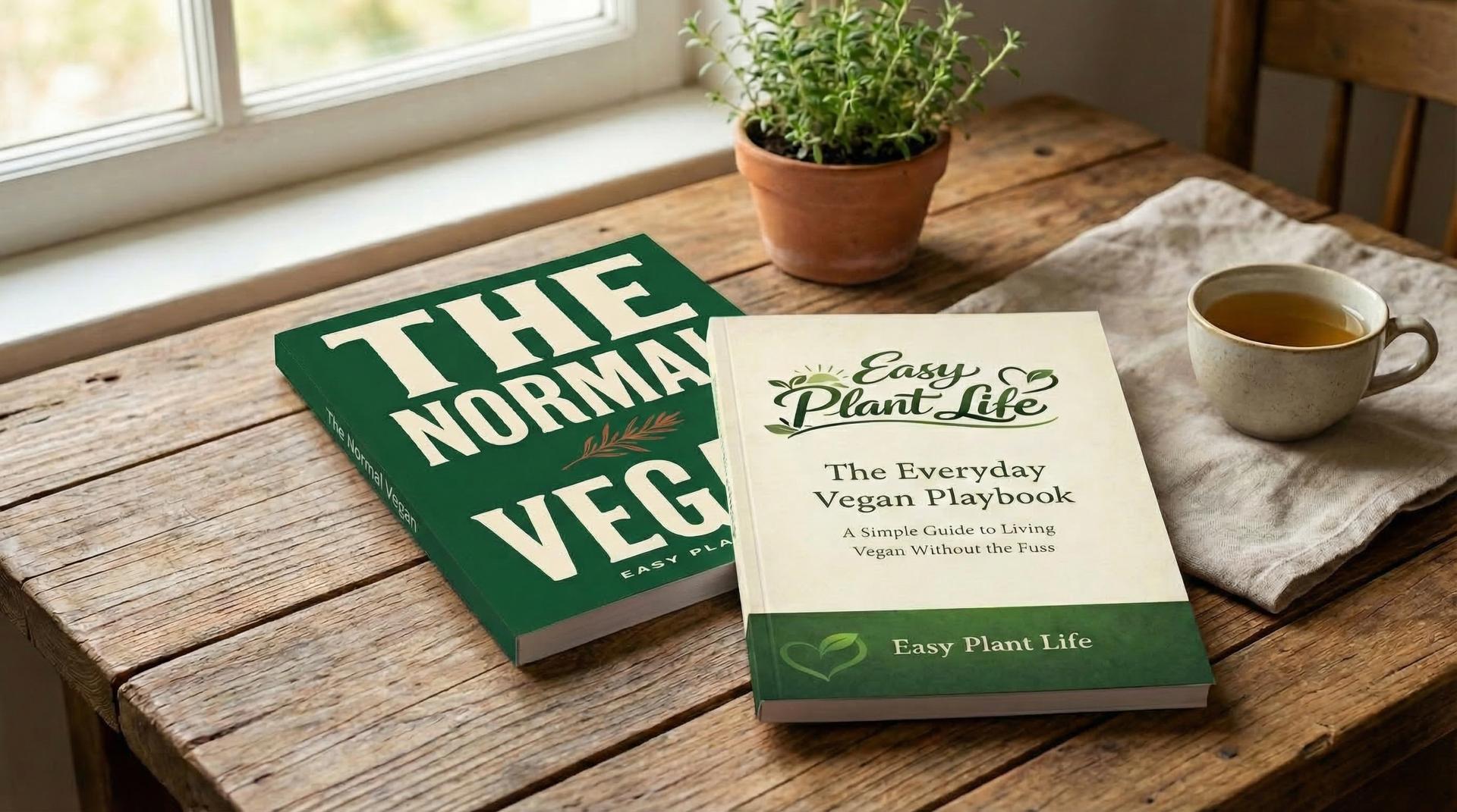 Easy Plant Life books on a table with a plant and tea